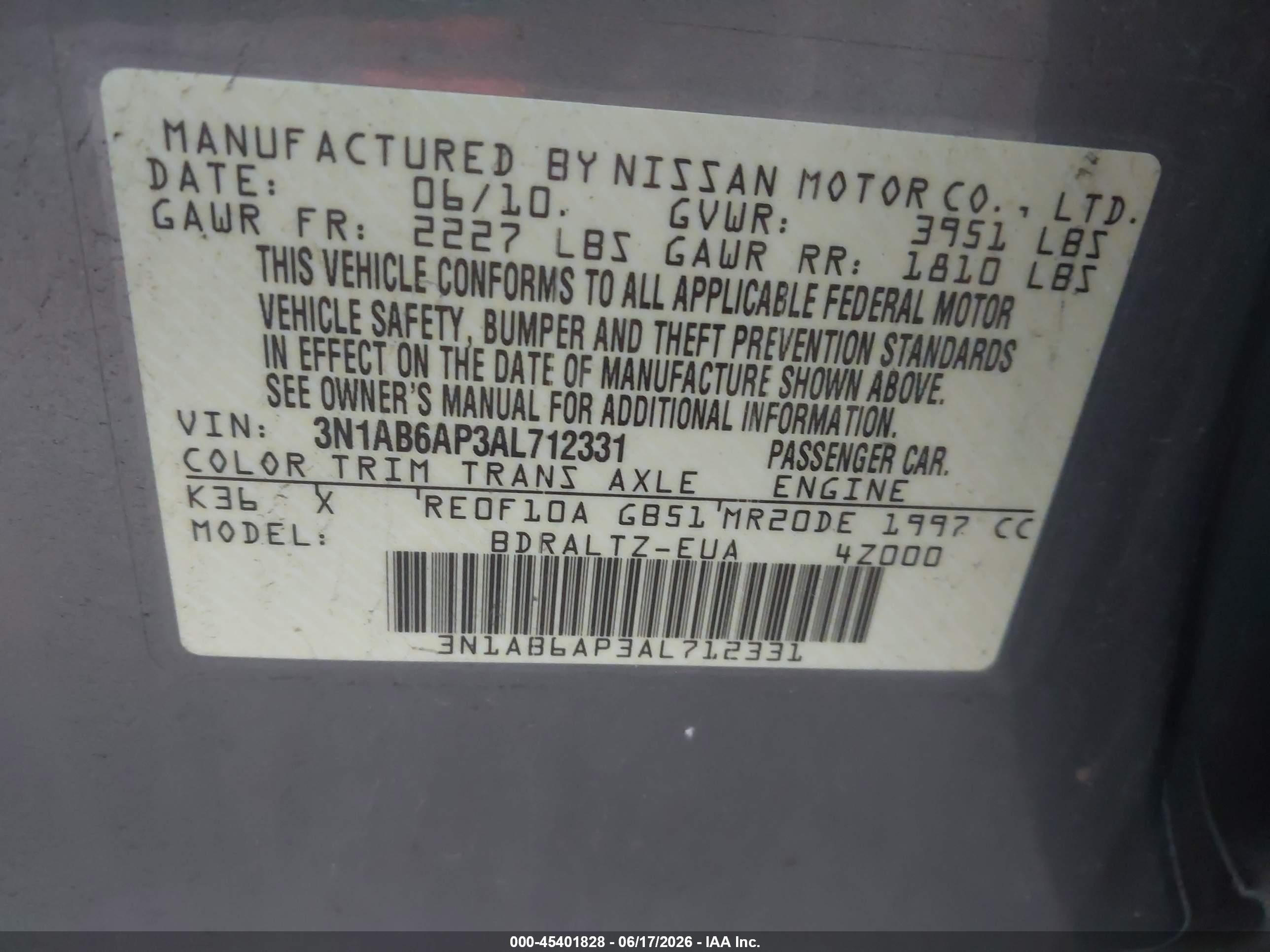 2010 Nissan Sentra 2.0s Gray vin: 3N1AB6AP3AL712331