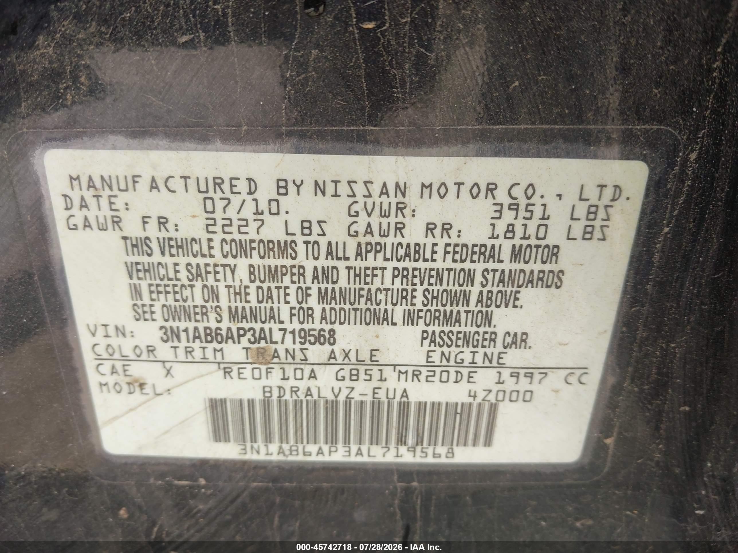 2010 Nissan Sentra 2.0sl Black vin: 3N1AB6AP3AL719568