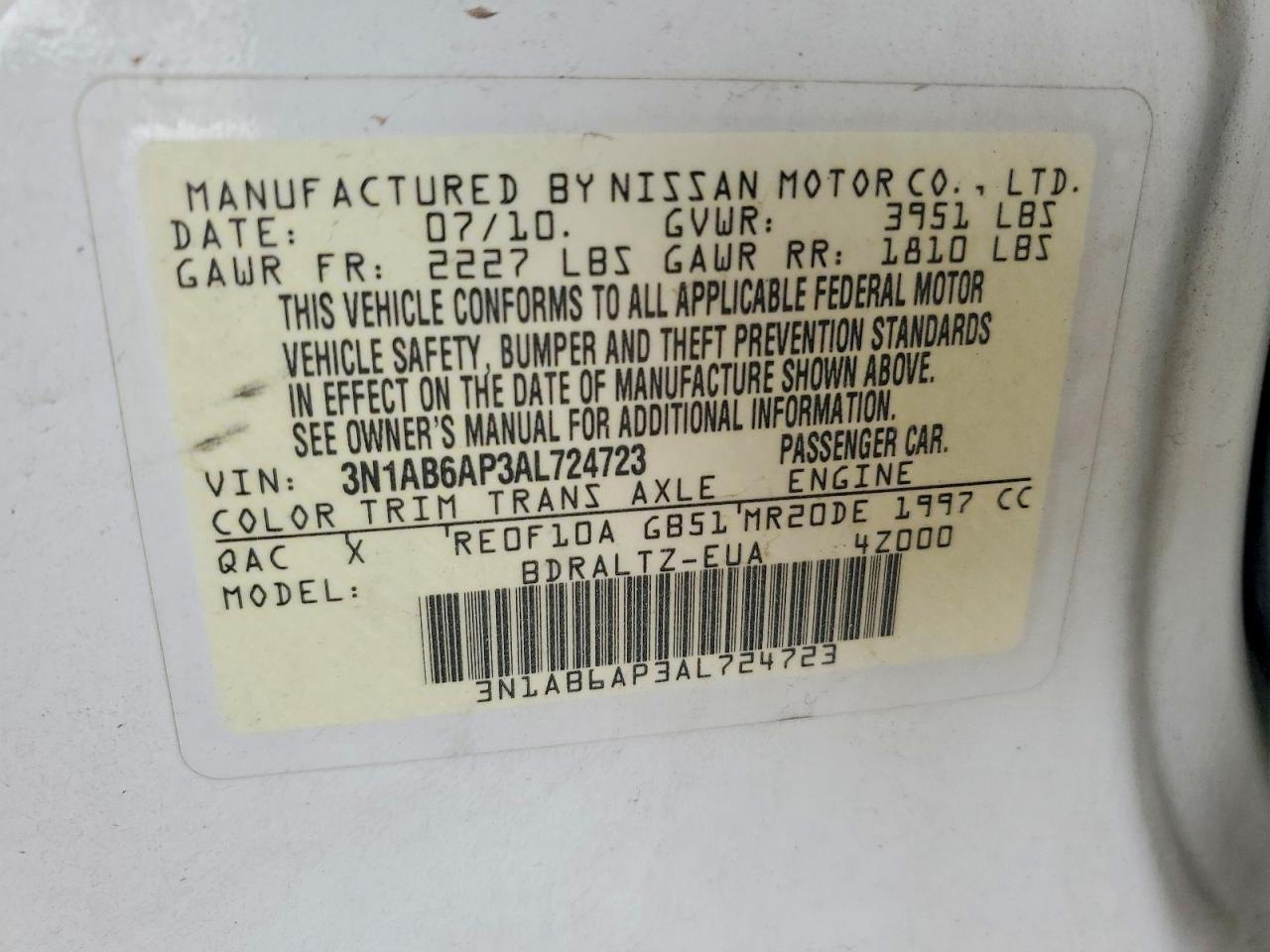 2010 Nissan Sentra 1.8 S/sv/sr/sl White vin: 3N1AB6AP3AL724723