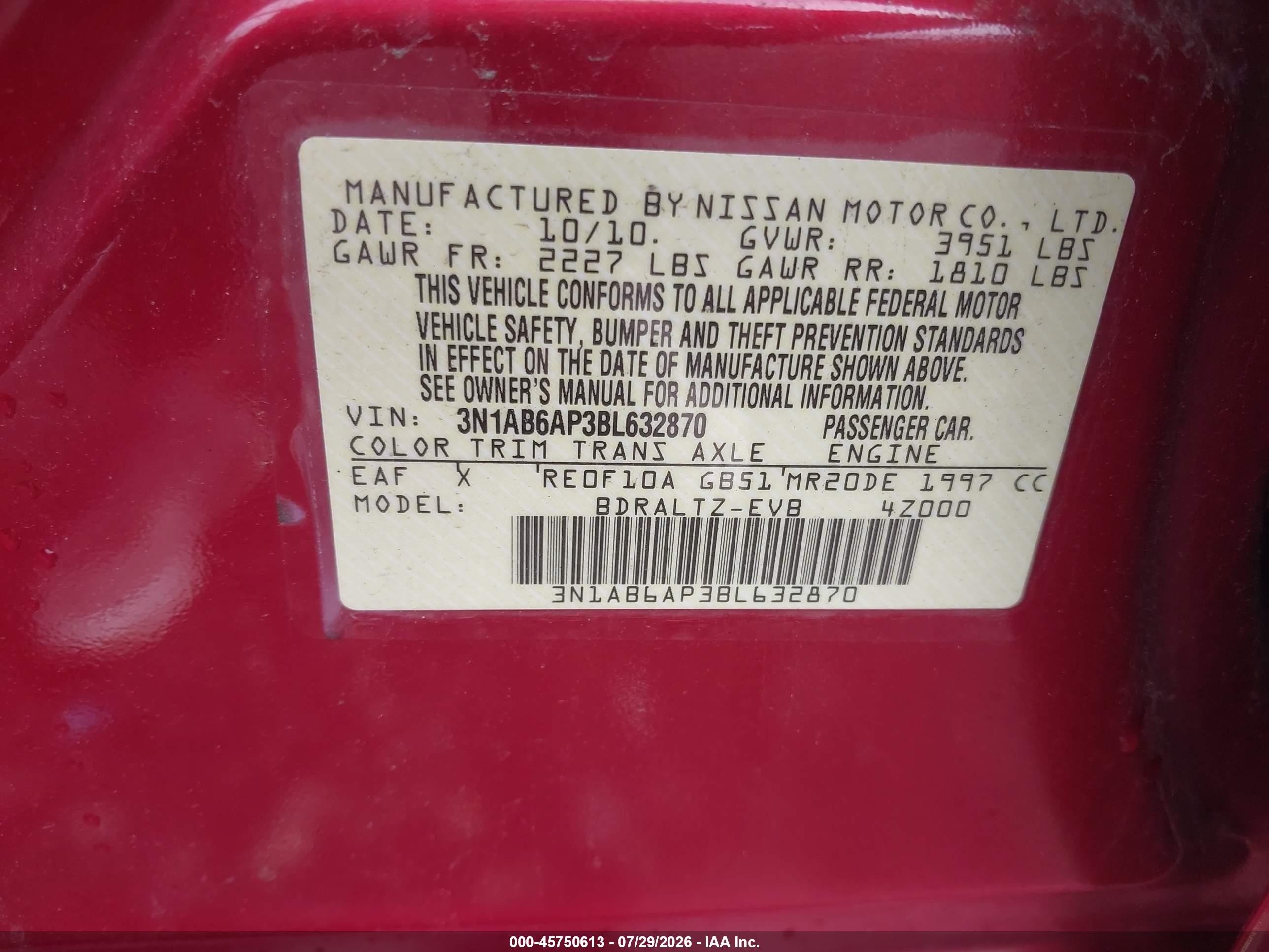 2011 Nissan Sentra 2.0sr Red vin: 3N1AB6AP3BL632870