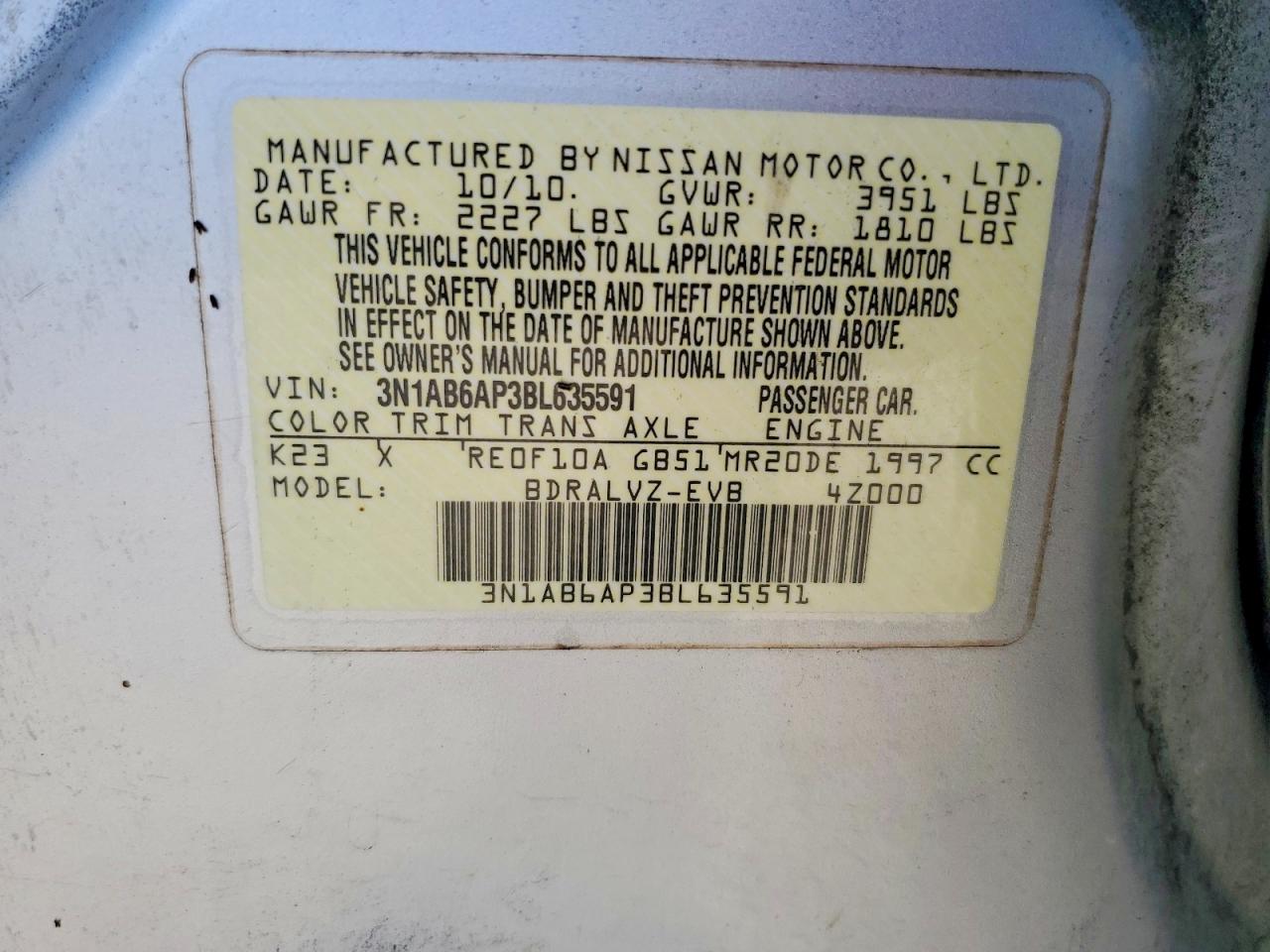 2011 Nissan Sentra 2.0 Silver vin: 3N1AB6AP3BL635591