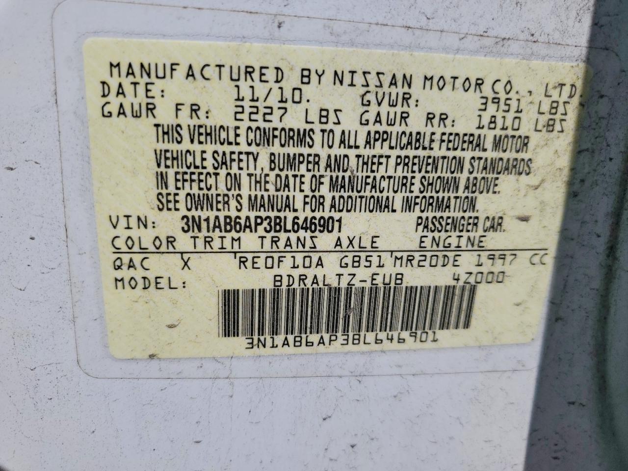 2011 Nissan Sentra 2.0 White vin: 3N1AB6AP3BL646901