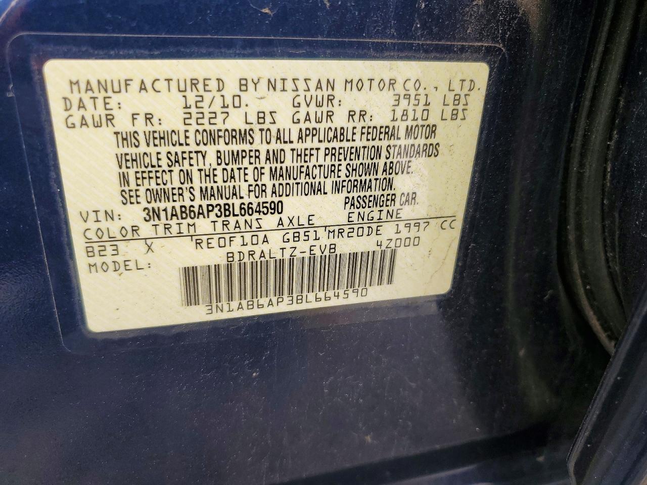 2011 Nissan Sentra Blue vin: 3N1AB6AP3BL664590