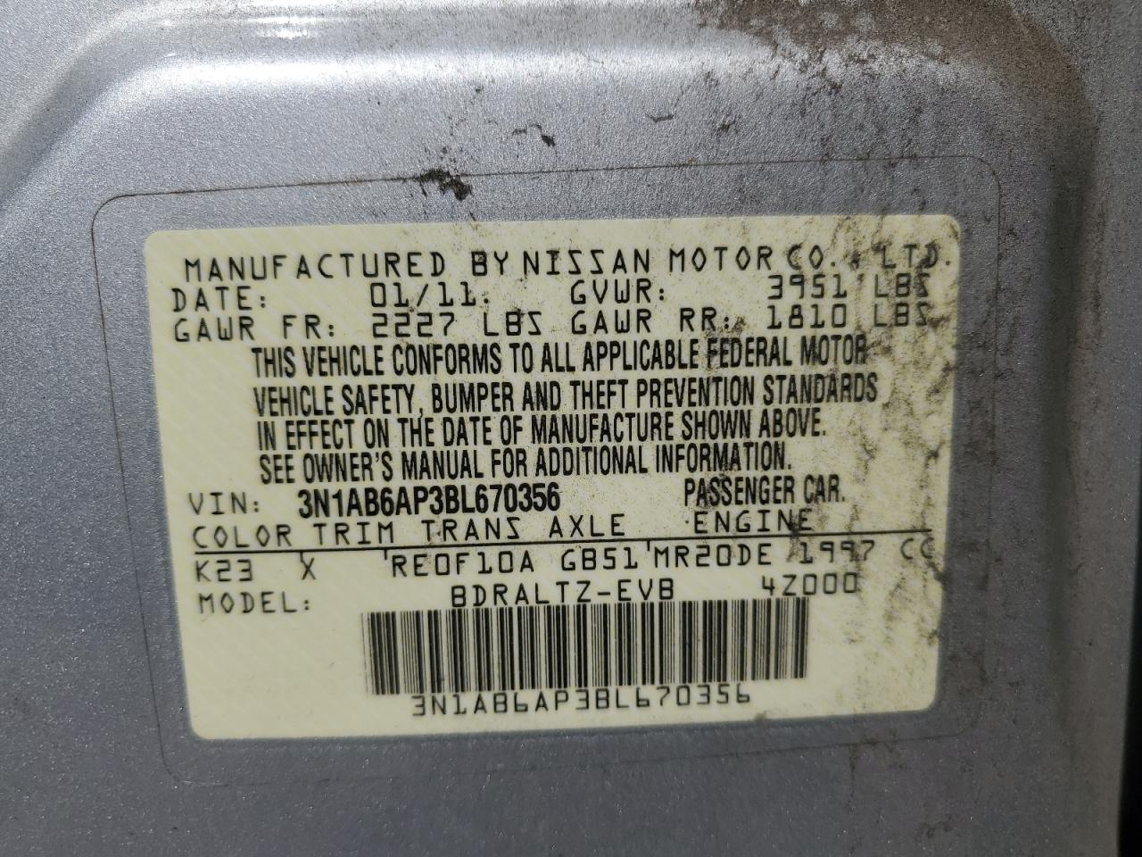 2011 Nissan Sentra 2.0 Silver vin: 3N1AB6AP3BL670356