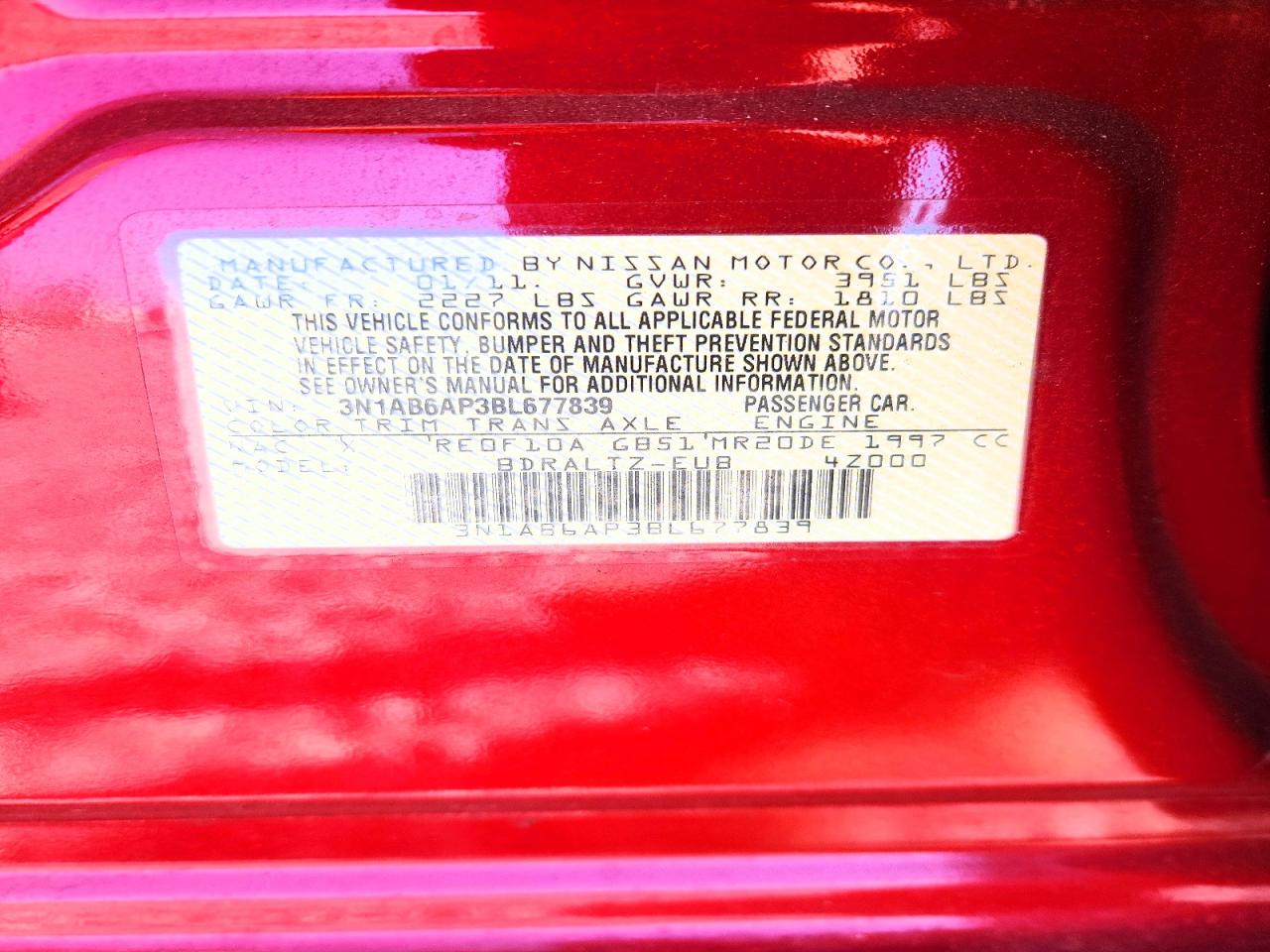 2011 Nissan Sentra 2.0 Red vin: 3N1AB6AP3BL677839
