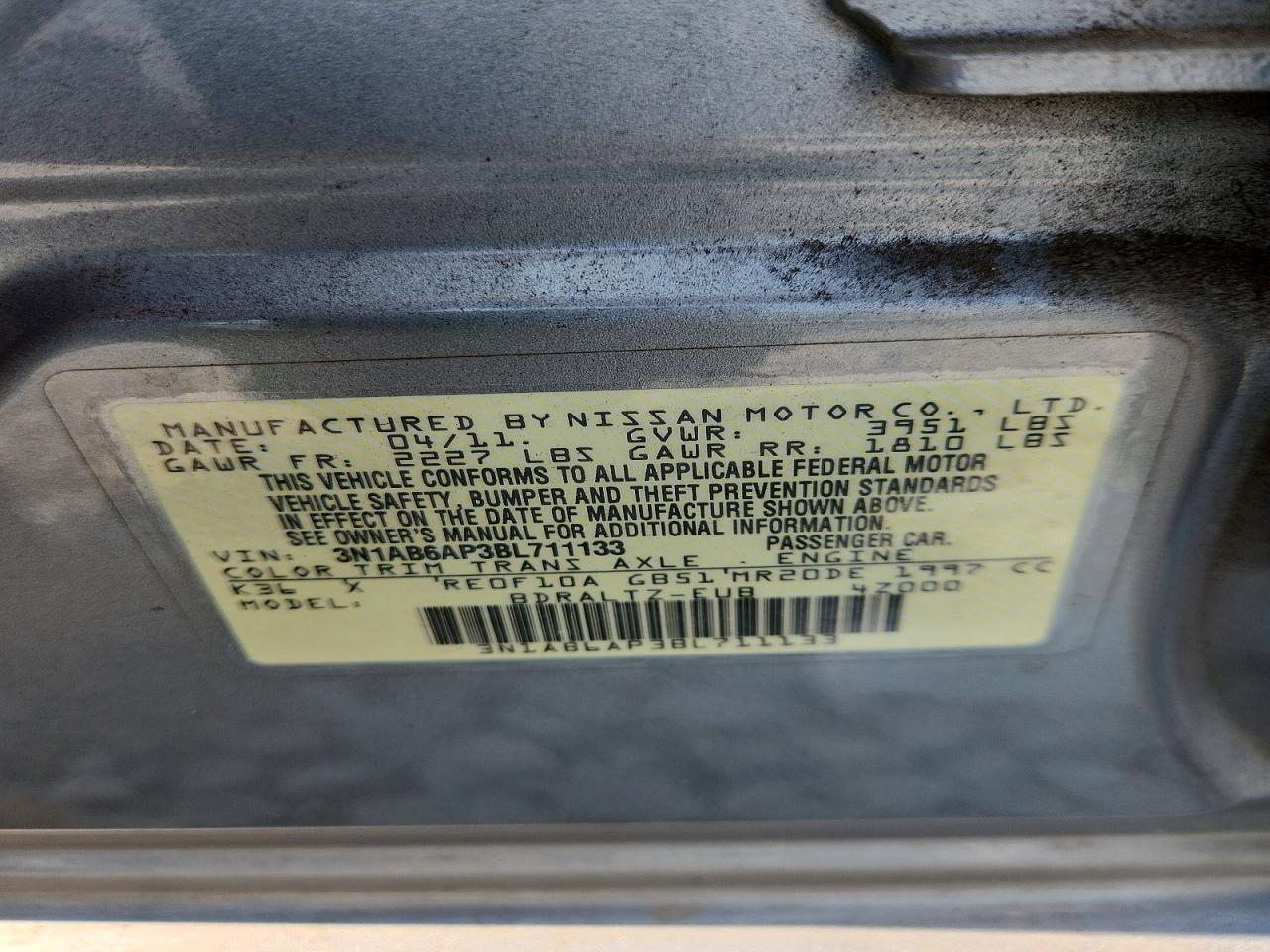 2011 Nissan Sentra 2.0 Gray vin: 3N1AB6AP3BL711133