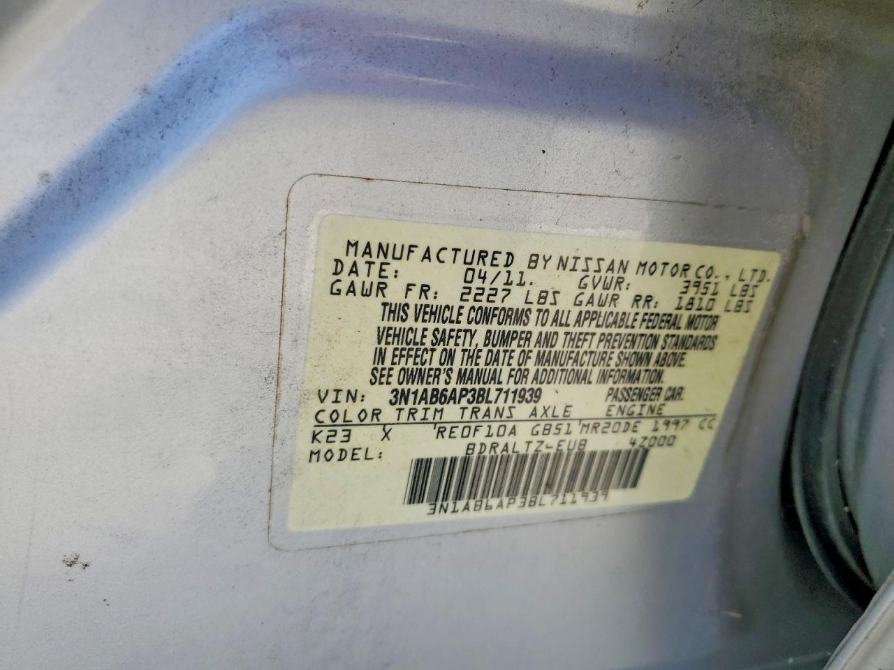 2011 Nissan Sentra 2.0 Silver vin: 3N1AB6AP3BL711939