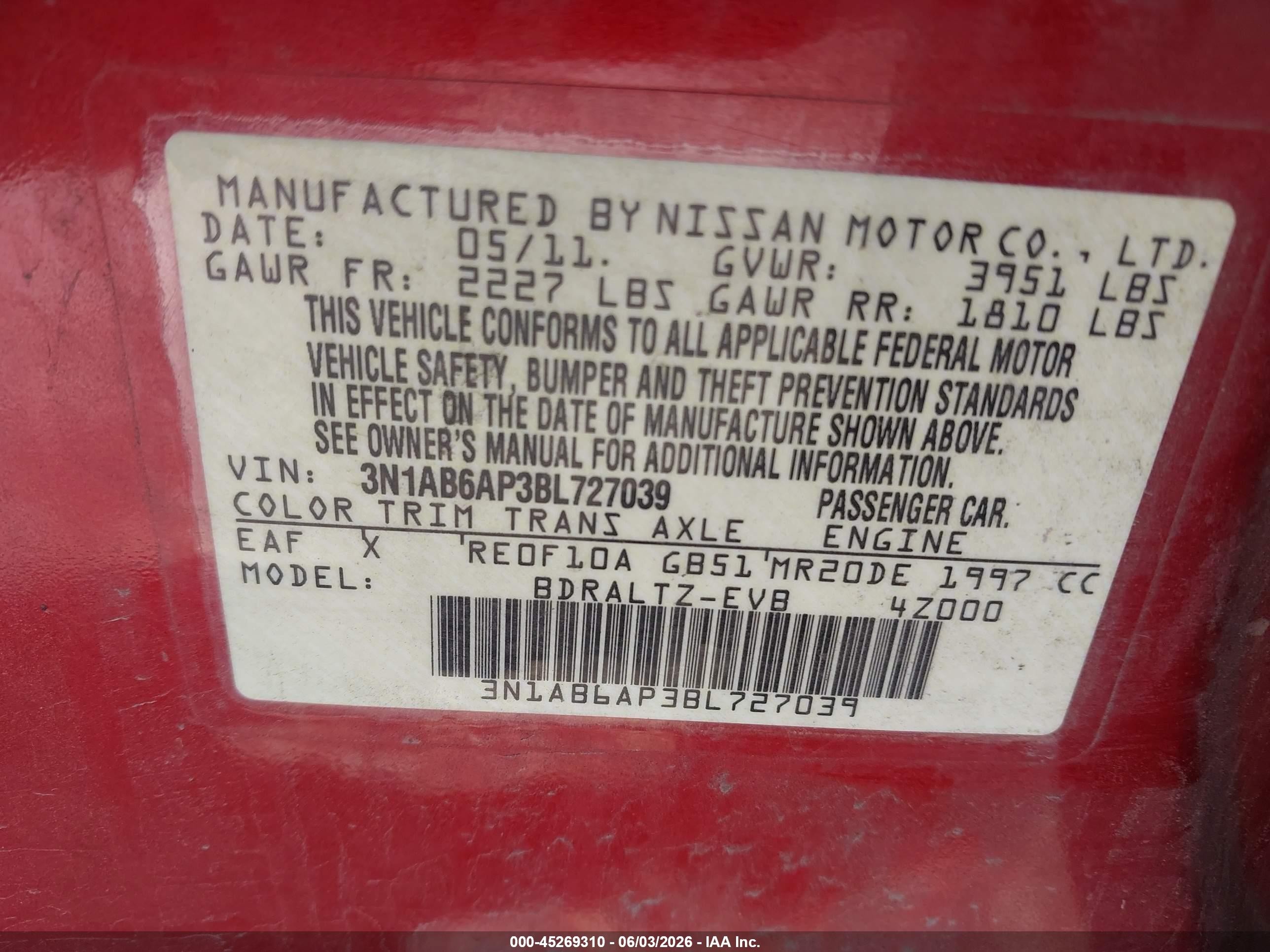 2011 Nissan Sentra 2.0sr Red vin: 3N1AB6AP3BL727039