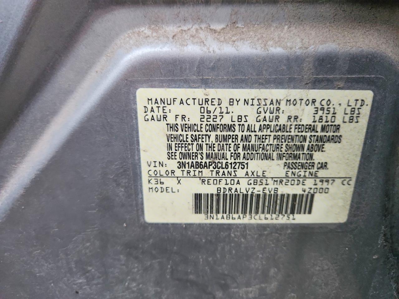 2012 Nissan Sentra 2.0 Gray vin: 3N1AB6AP3CL612751