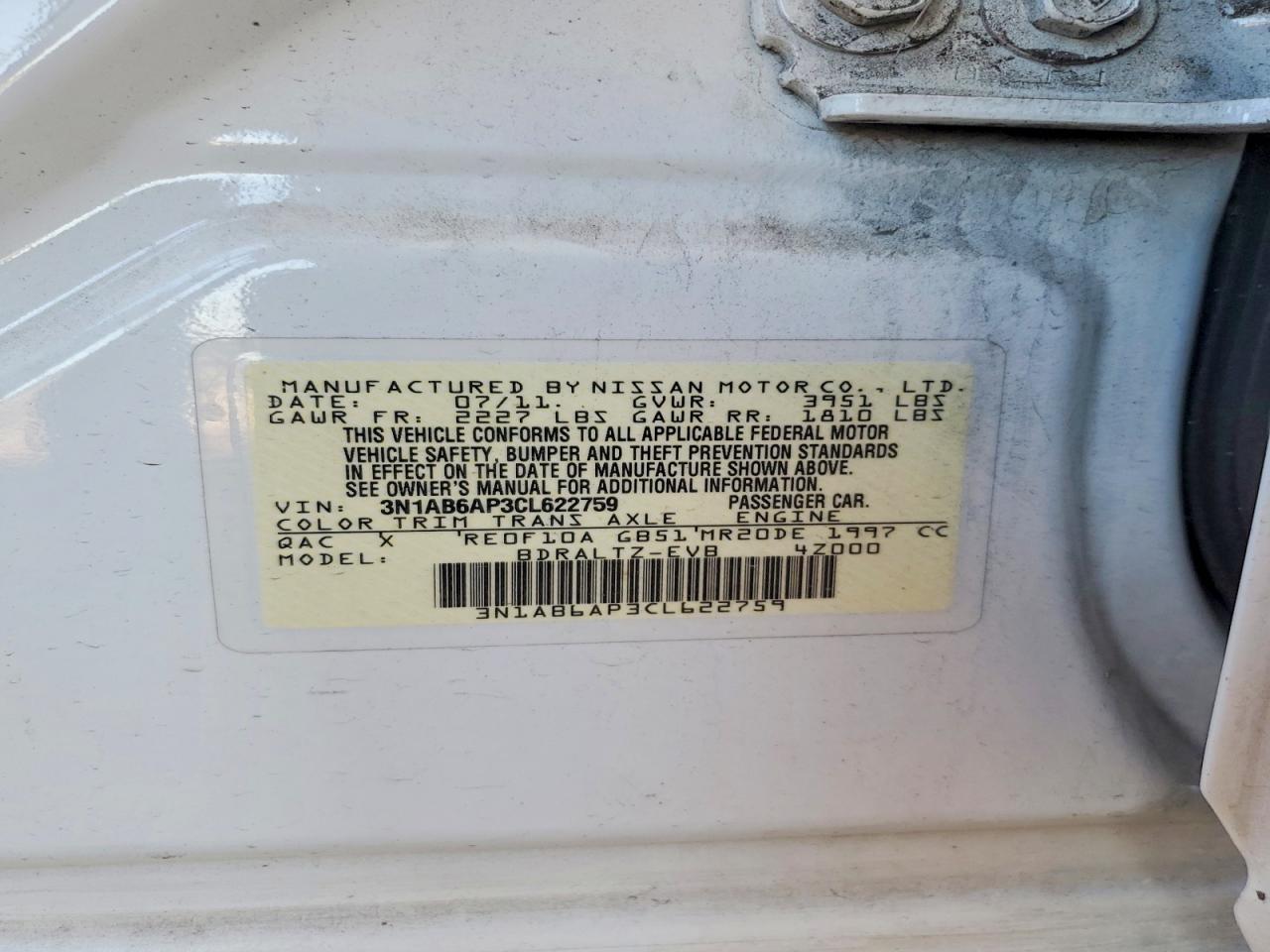 2012 Nissan Sentra 2.0 White vin: 3N1AB6AP3CL622759