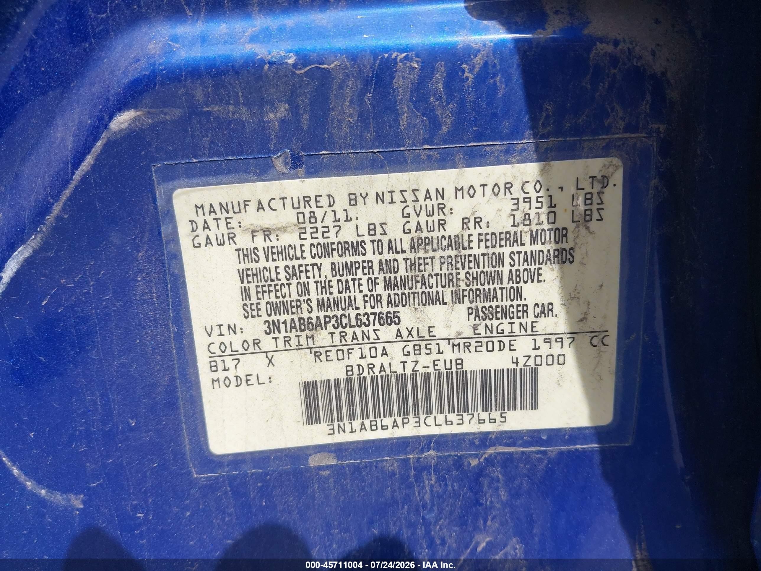 2012 Nissan Sentra 2.0 Sr Blue vin: 3N1AB6AP3CL637665