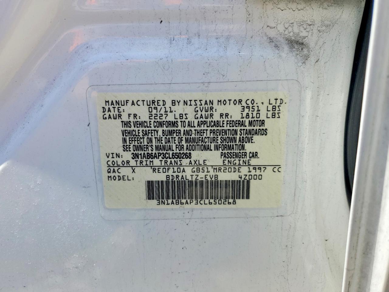 2012 Nissan Sentra 2.0 White vin: 3N1AB6AP3CL650268