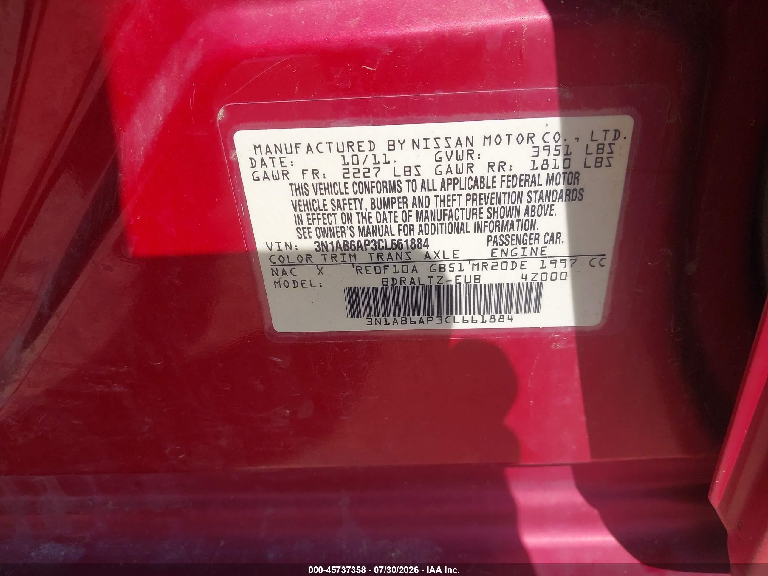 2012 Nissan Sentra 2.0 S Red vin: 3N1AB6AP3CL661884