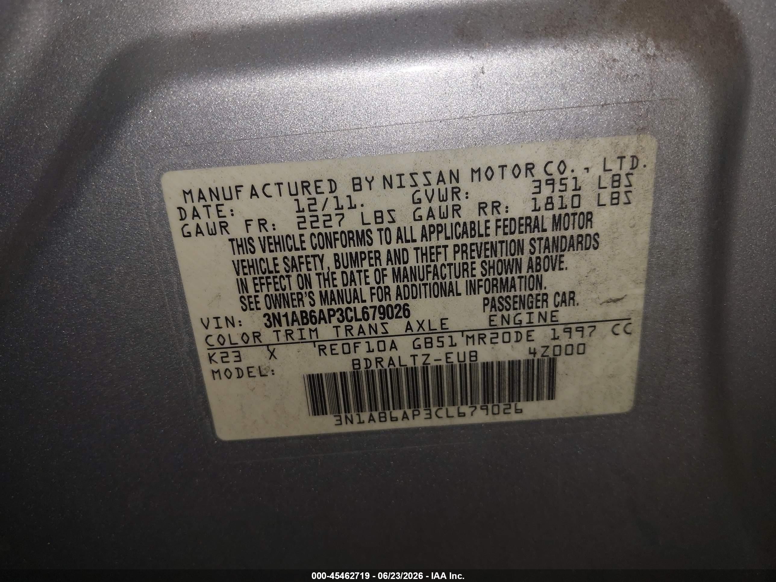 2012 Nissan Sentra 2.0 S Серый vin: 3N1AB6AP3CL679026