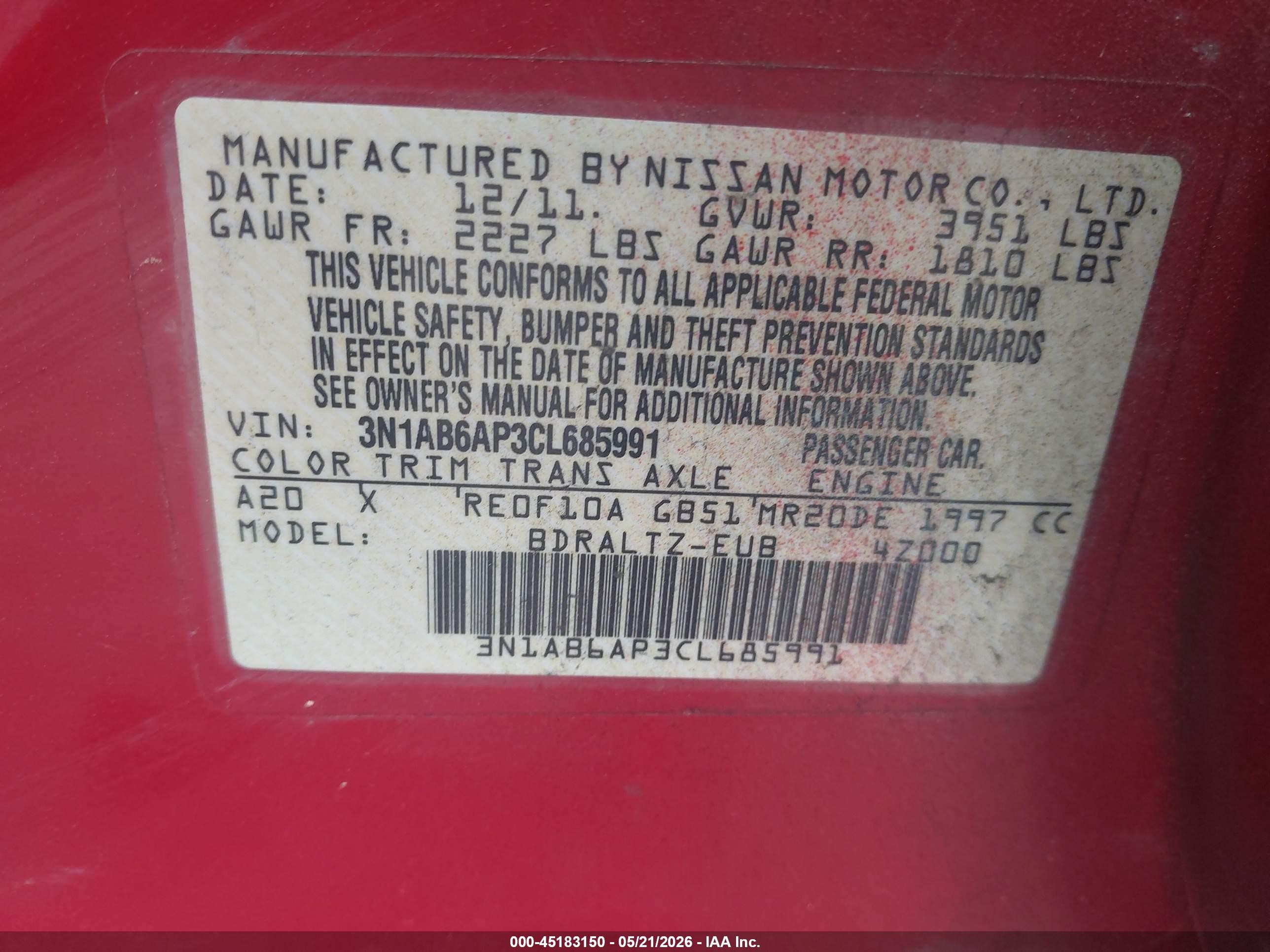 2012 Nissan Sentra 2.0 Sr Red vin: 3N1AB6AP3CL685991