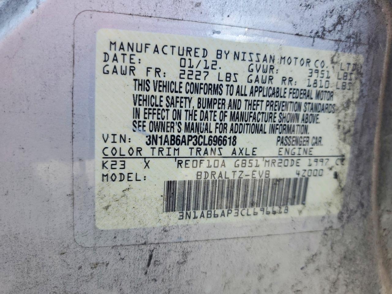 2012 Nissan Sentra 2.0 Silver vin: 3N1AB6AP3CL696618