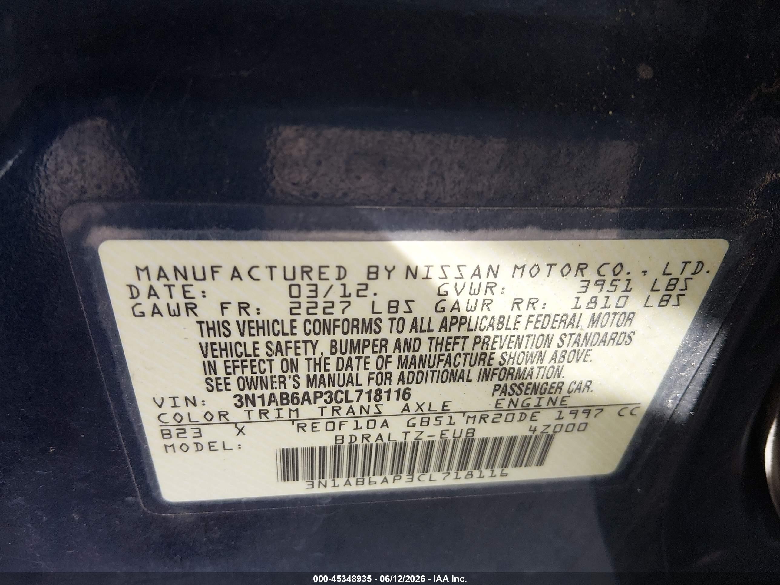 2012 Nissan Sentra 2.0 S Dark Blue vin: 3N1AB6AP3CL718116