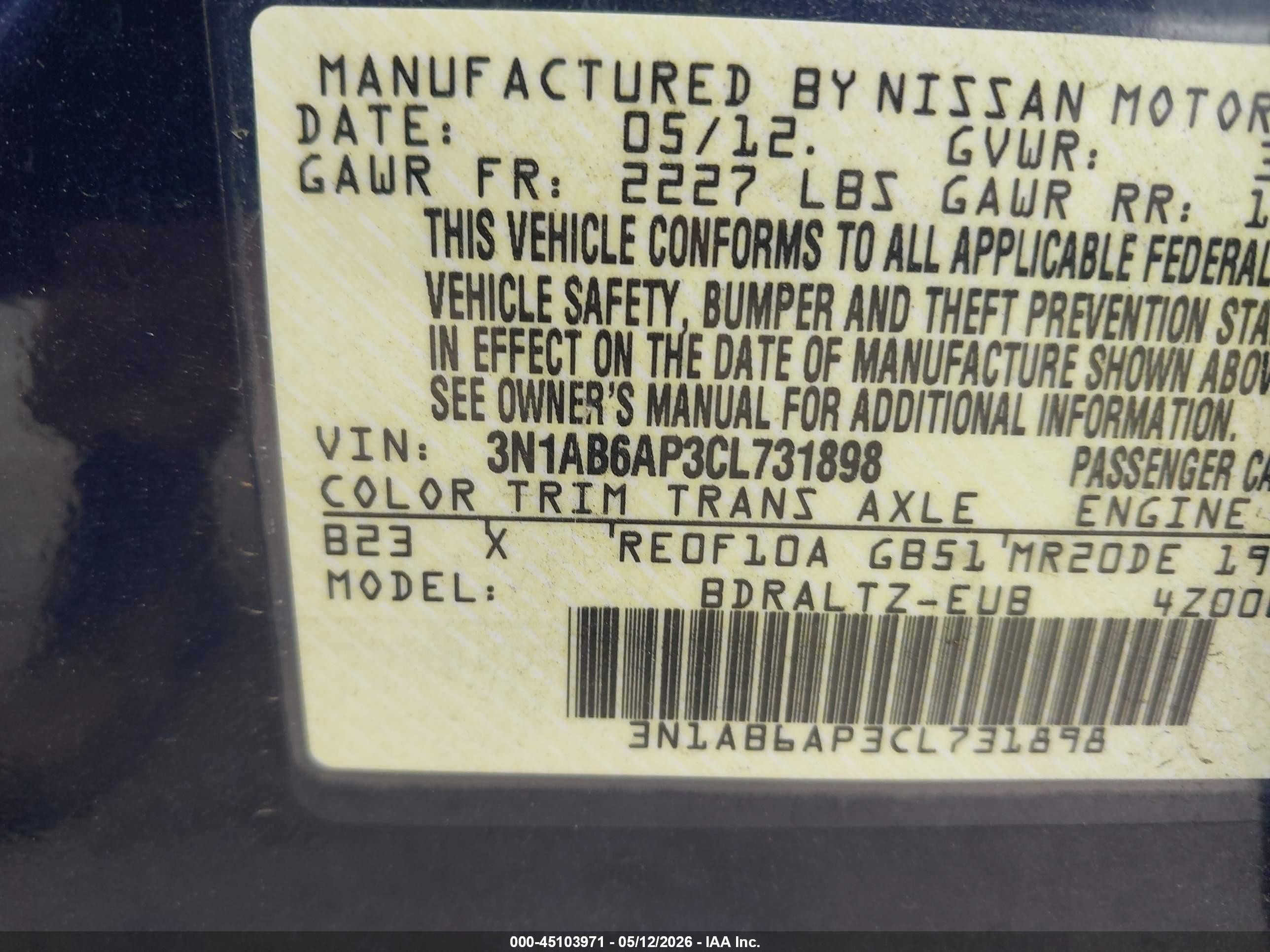 2012 Nissan Sentra 2.0 S Blue vin: 3N1AB6AP3CL731898
