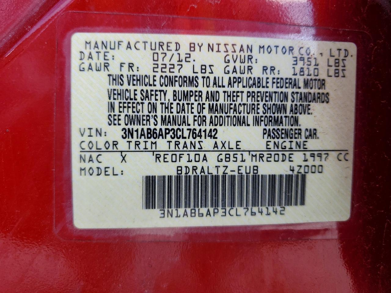 2012 Nissan Sentra 2.0 Red vin: 3N1AB6AP3CL764142