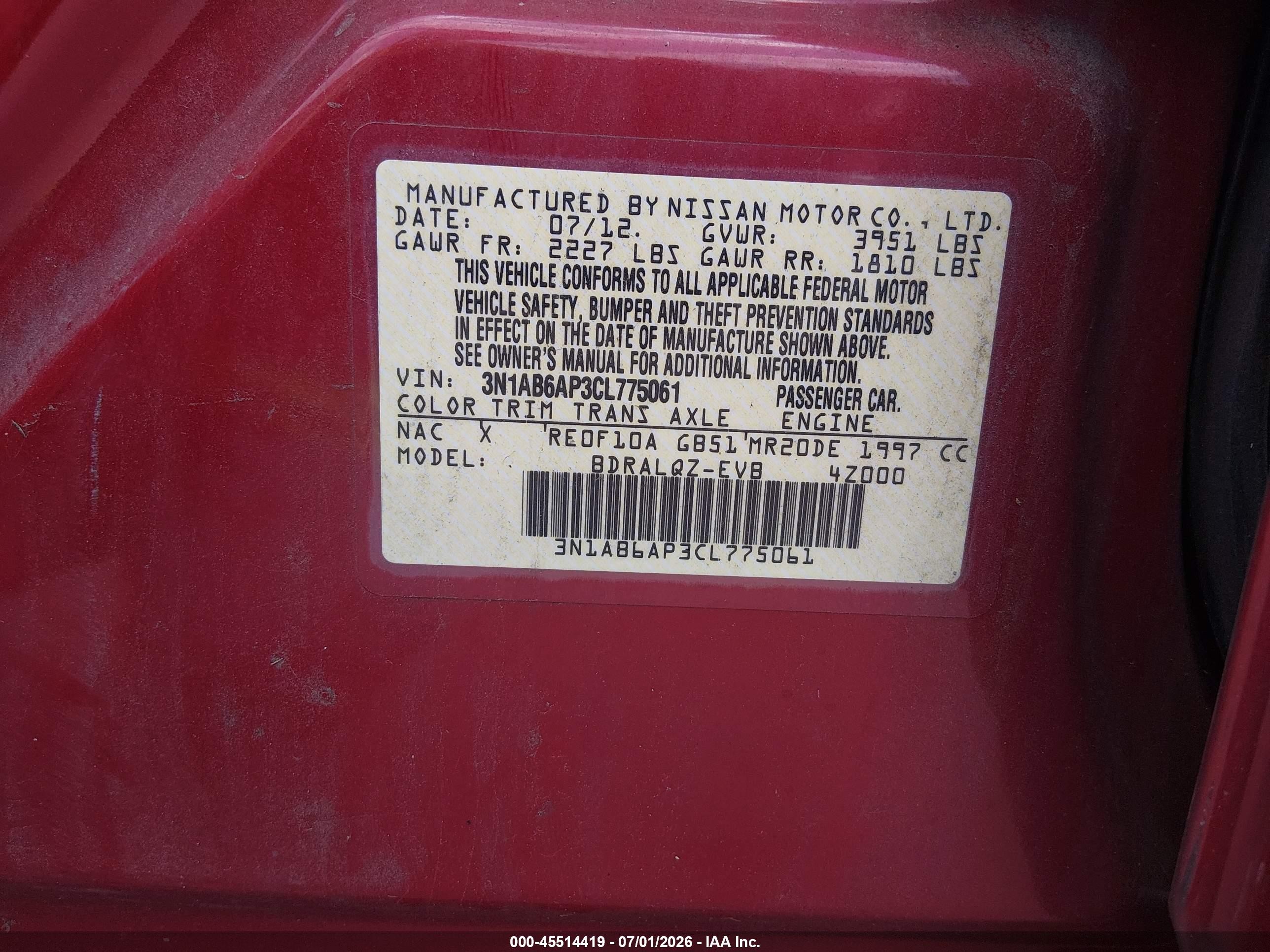 2012 Nissan Sentra 2.0 Red vin: 3N1AB6AP3CL775061