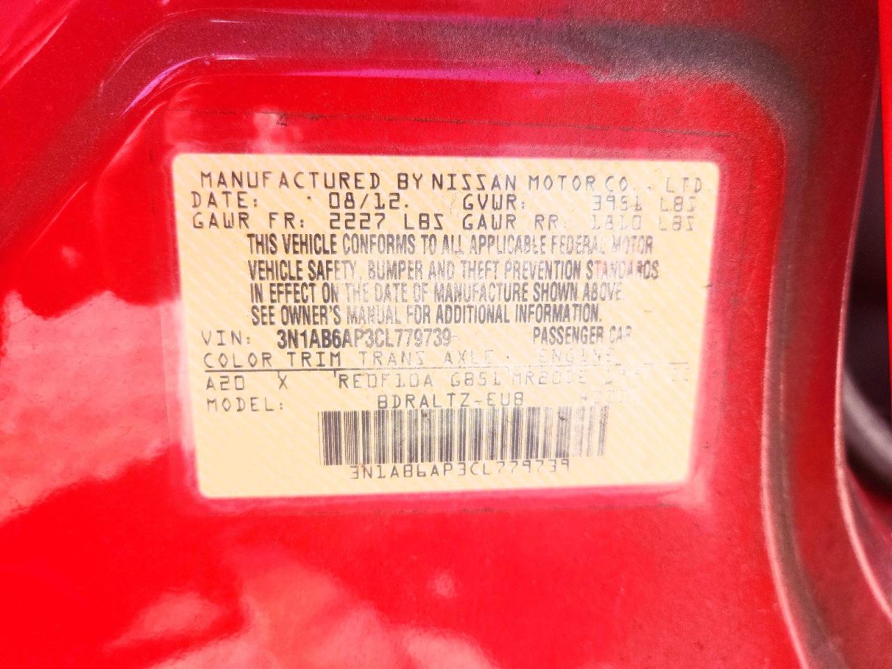 2012 Nissan Sentra 2.0 Red vin: 3N1AB6AP3CL779739