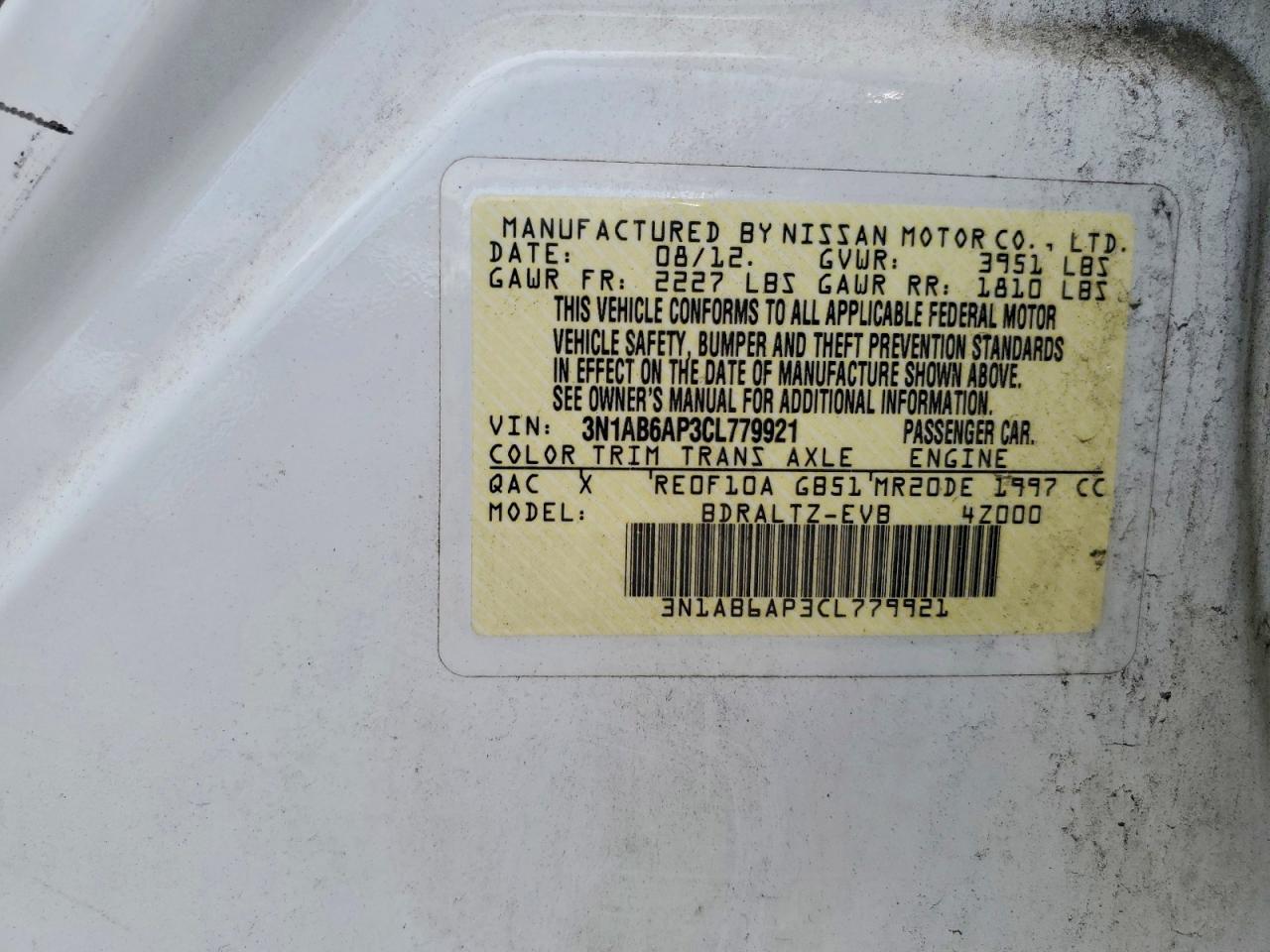 2012 Nissan Sentra 2.0 White vin: 3N1AB6AP3CL779921