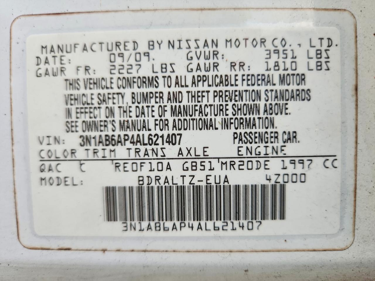 2010 Nissan Sentra 2.0 White vin: 3N1AB6AP4AL621407