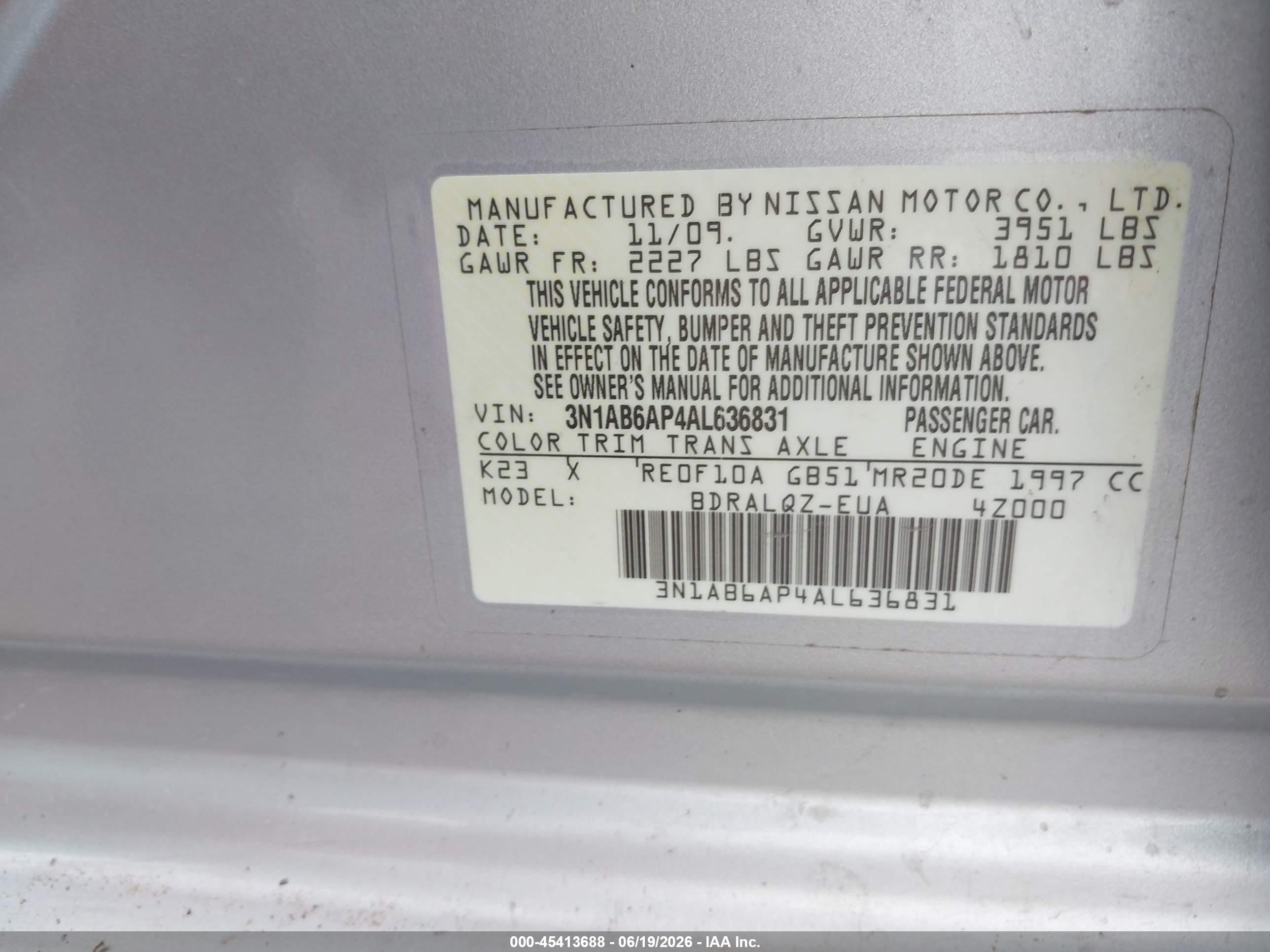 2010 Nissan Sentra 2.0 Silver vin: 3N1AB6AP4AL636831