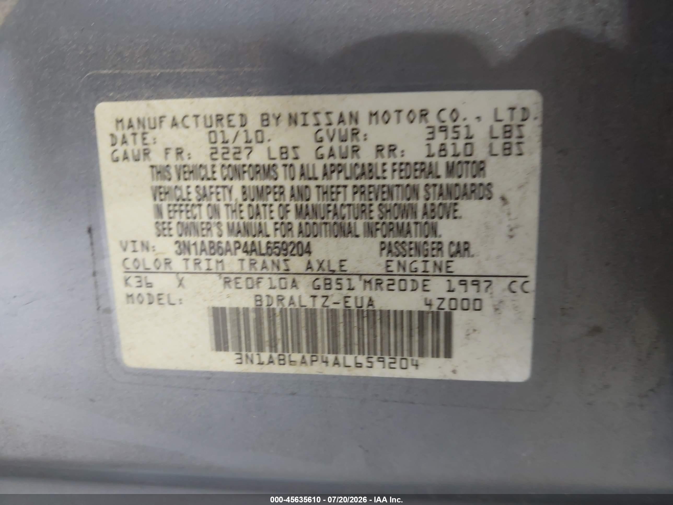 2010 Nissan Sentra 2.0s Gray vin: 3N1AB6AP4AL659204