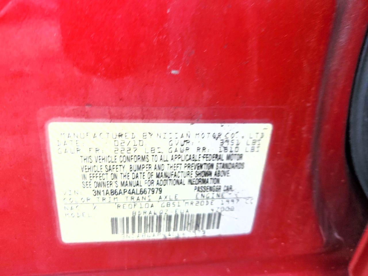 2010 Nissan Sentra 2.0 Red vin: 3N1AB6AP4AL667979