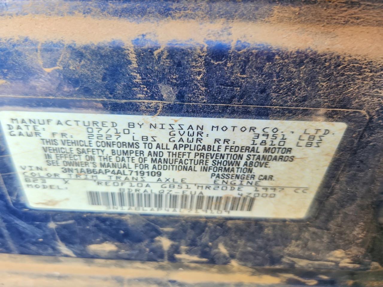 2010 Nissan Sentra 2.0 Blue vin: 3N1AB6AP4AL719109
