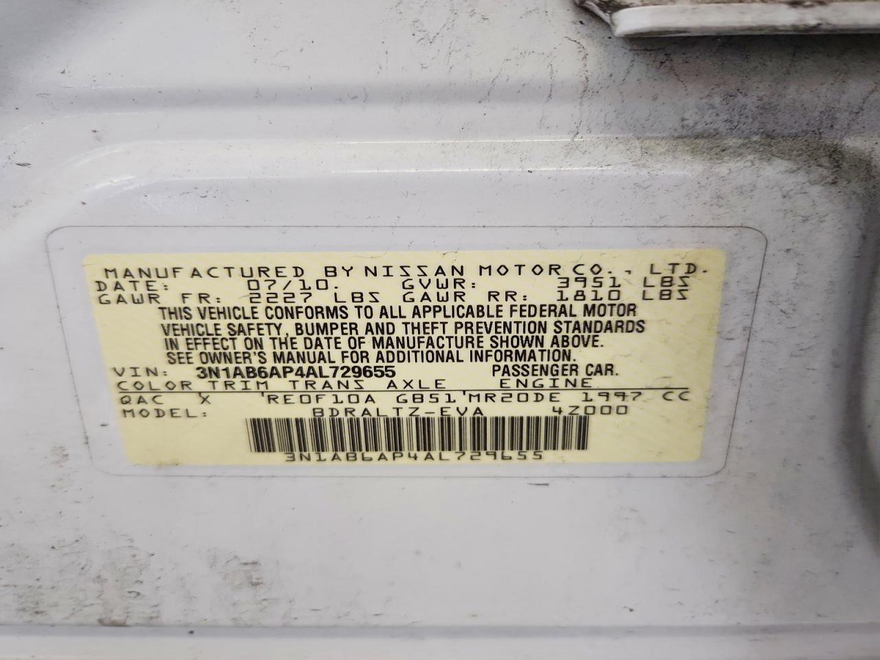 2010 Nissan Sentra 2.0 White vin: 3N1AB6AP4AL729655