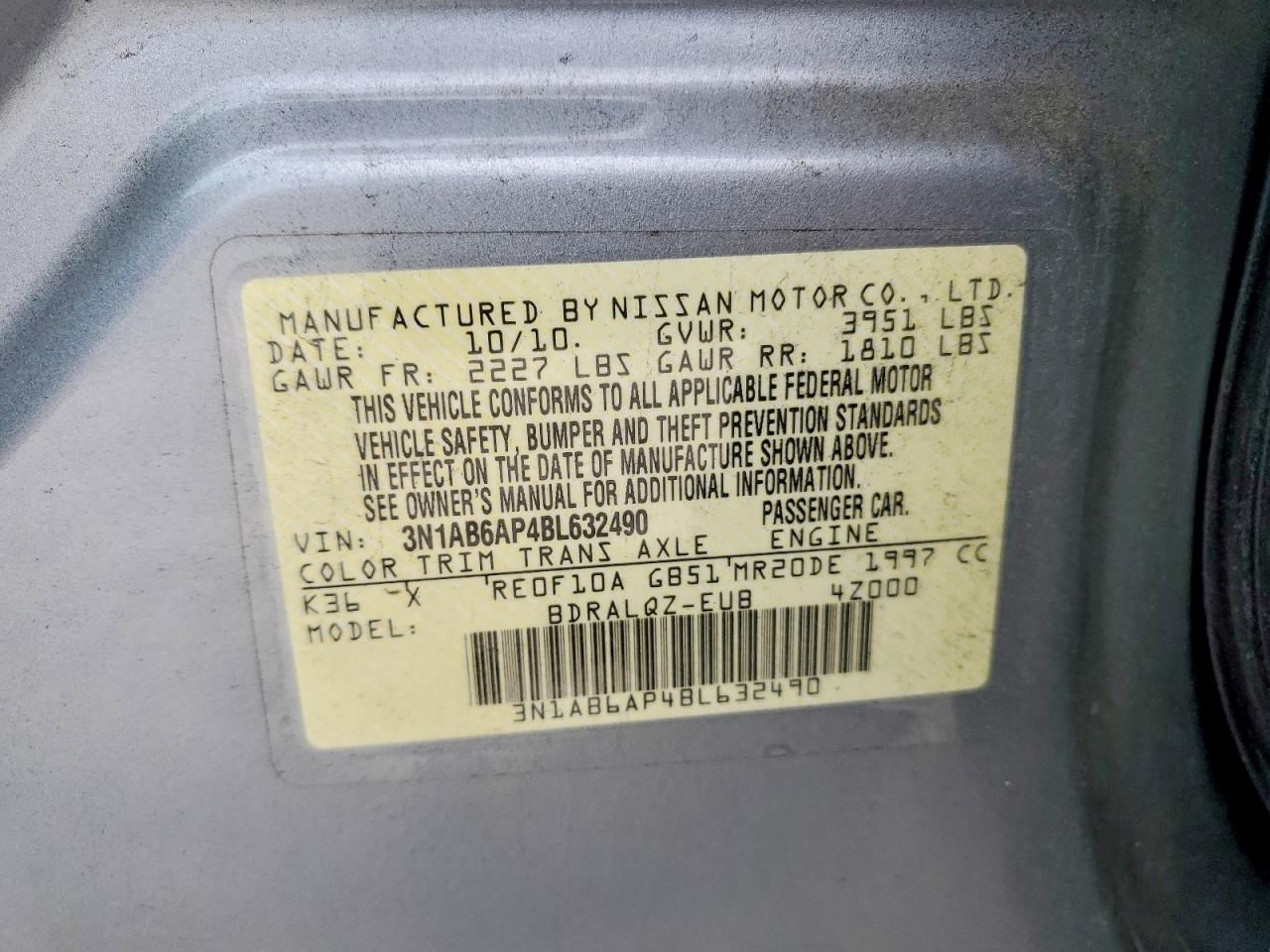 2011 Nissan Sentra 2.0 Gray vin: 3N1AB6AP4BL632490