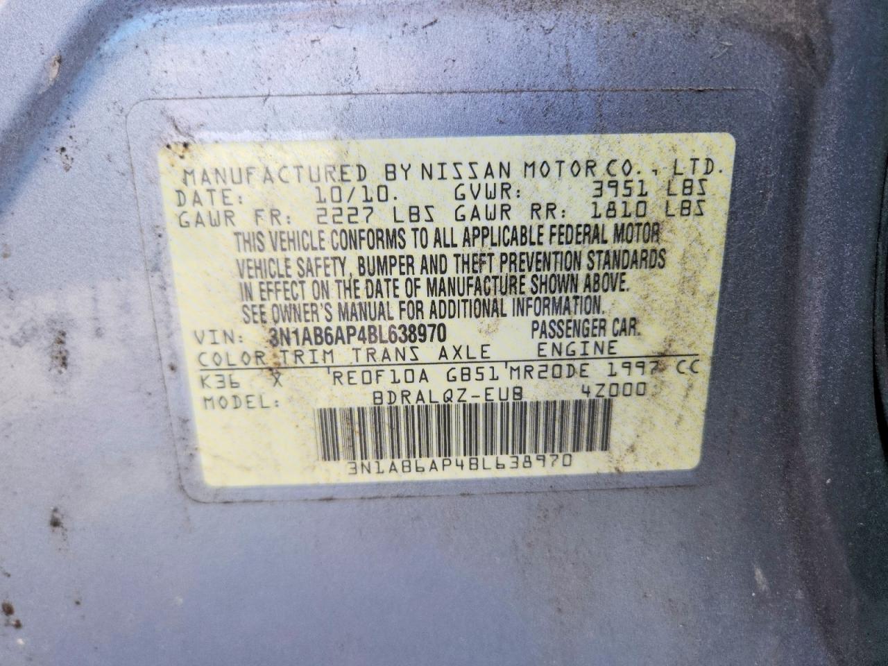 2011 Nissan Sentra 2.0 Gray vin: 3N1AB6AP4BL638970
