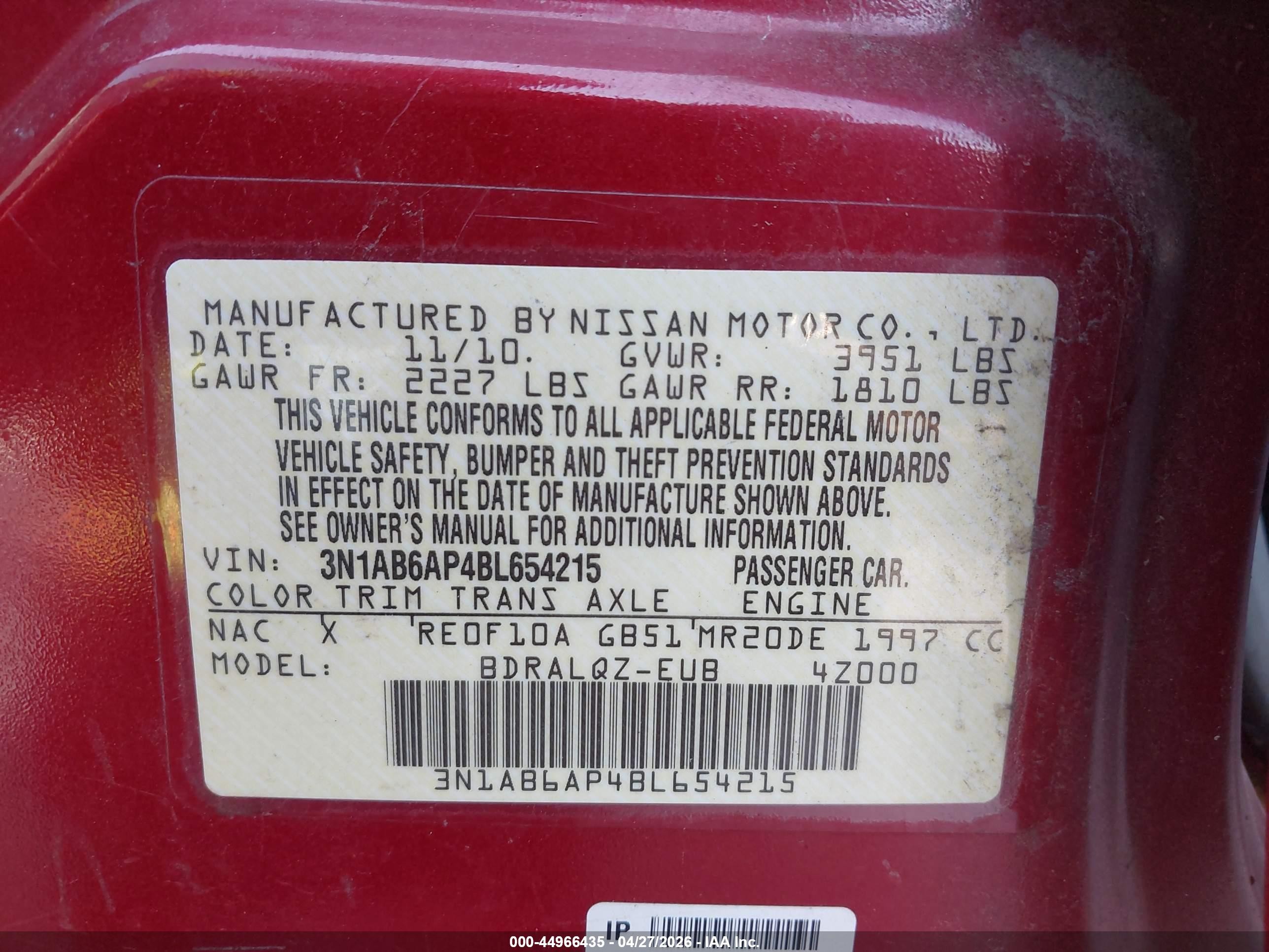 2011 Nissan Sentra 2.0 Красный vin: 3N1AB6AP4BL654215