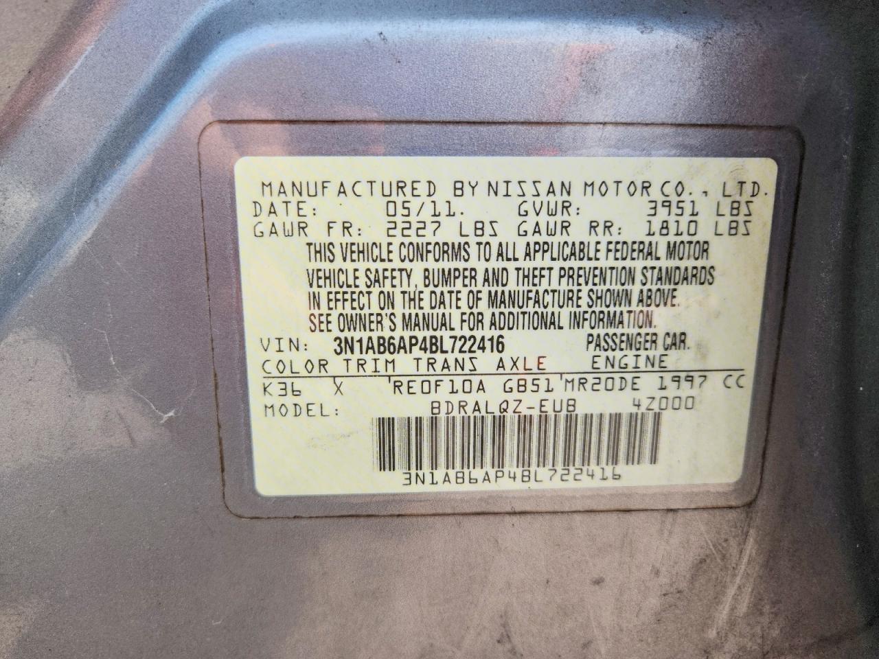 2011 Nissan Sentra 2.0 Gray vin: 3N1AB6AP4BL722416
