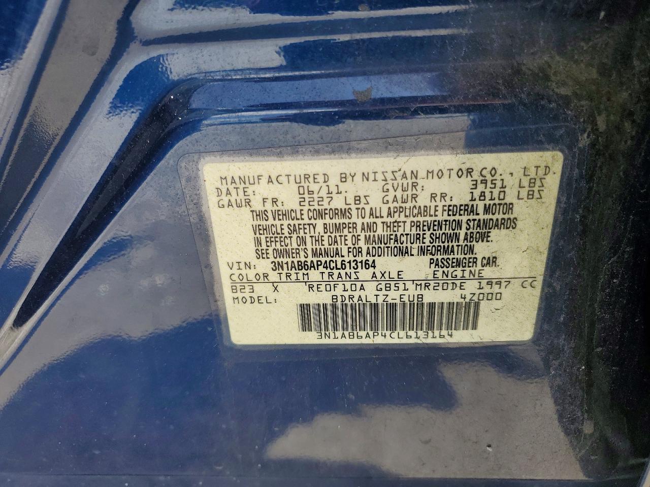 2012 Nissan Sentra 2.0 Blue vin: 3N1AB6AP4CL613164