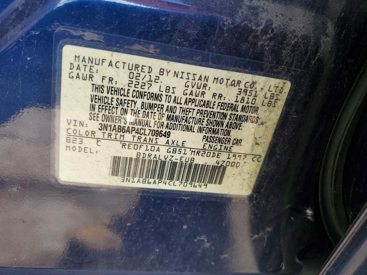 2012 Nissan Sentra 2.0 Blue vin: 3N1AB6AP4CL709649
