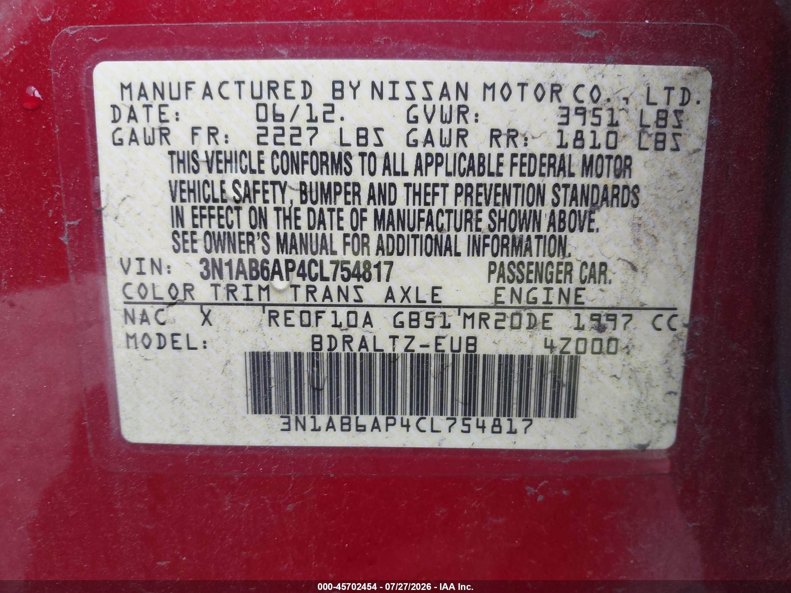 2012 Nissan Sentra 2.0 S Red vin: 3N1AB6AP4CL754817