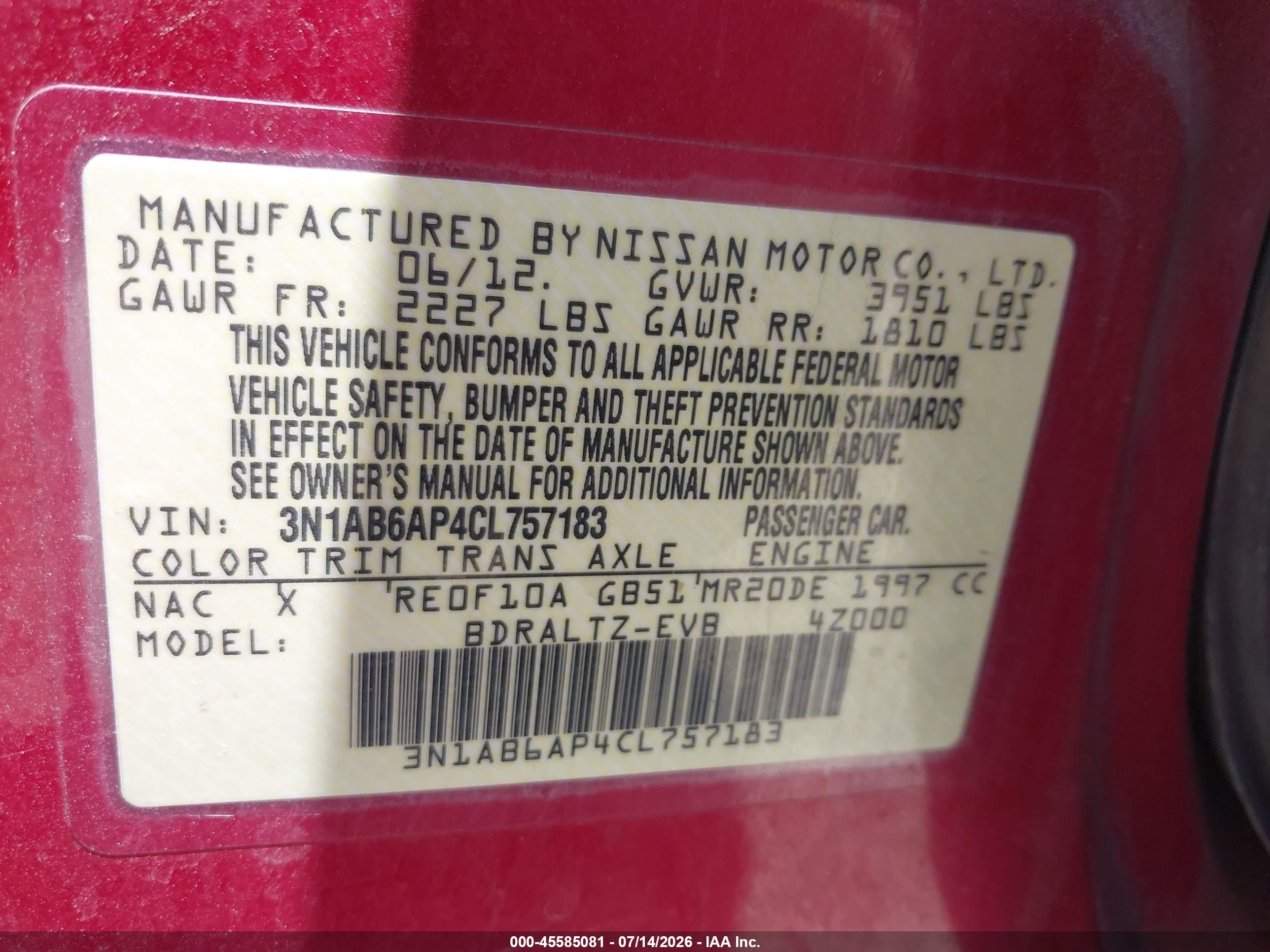 2012 Nissan Sentra 2.0 S Красный vin: 3N1AB6AP4CL757183