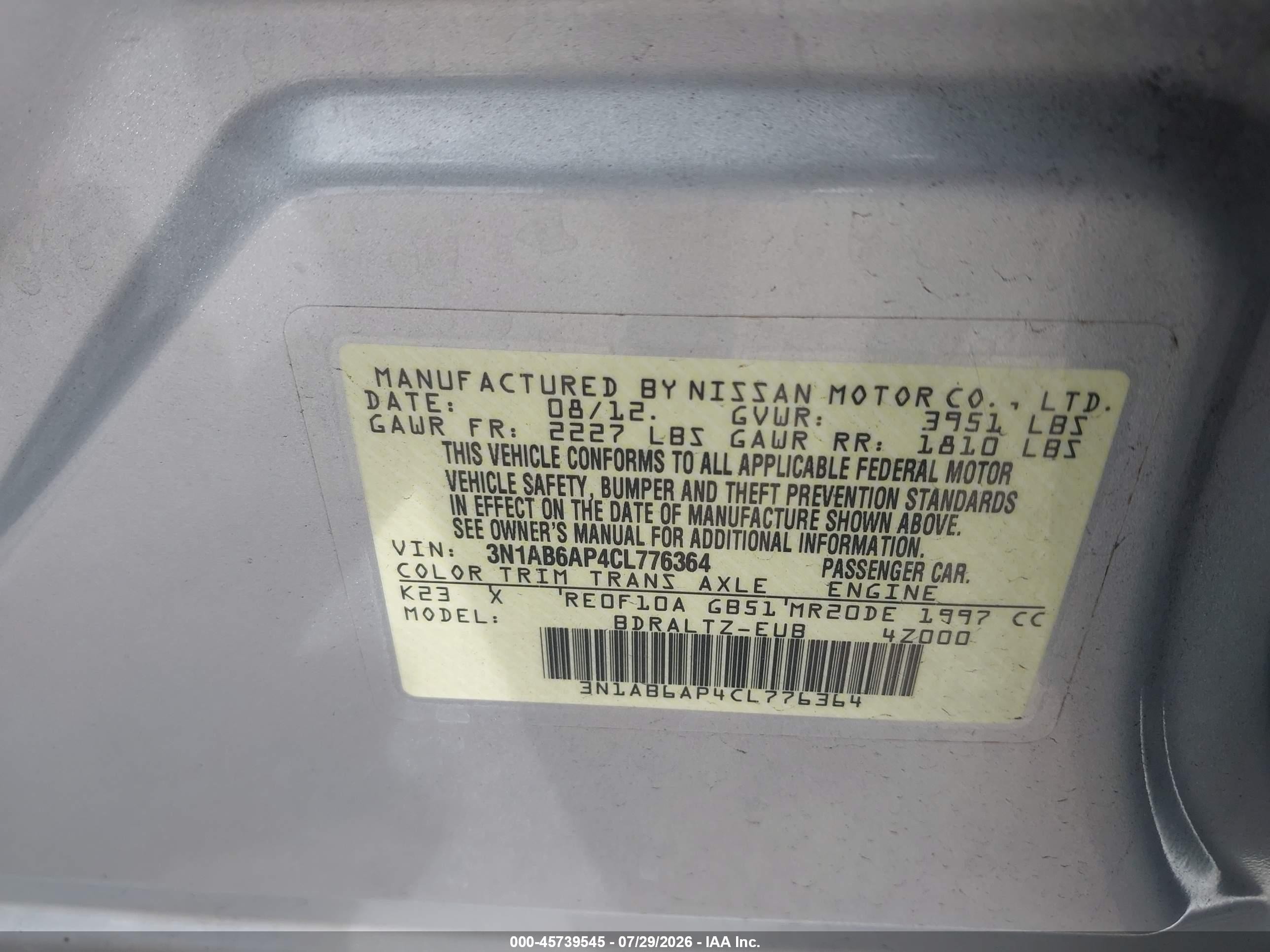 2012 Nissan Sentra 2.0 S Серебряный vin: 3N1AB6AP4CL776364