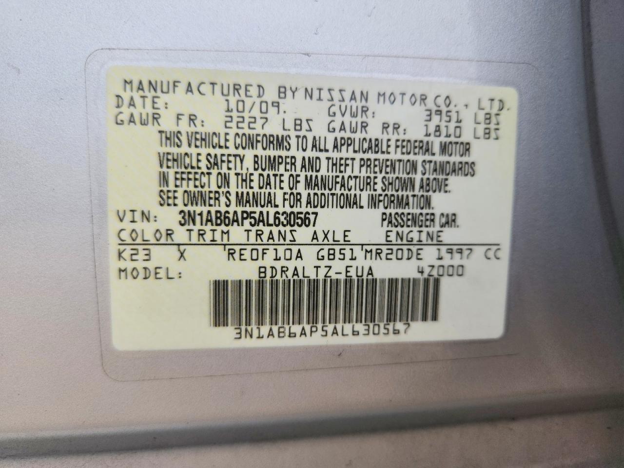 2010 Nissan Sentra 2.0 Silver vin: 3N1AB6AP5AL630567