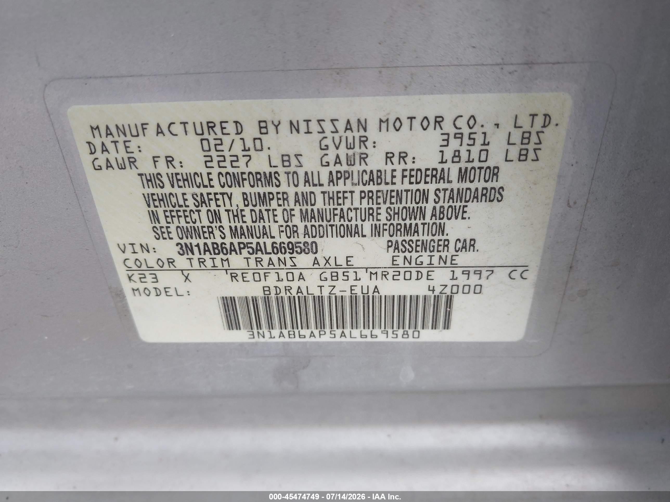 2010 Nissan Sentra 2.0s Silver vin: 3N1AB6AP5AL669580