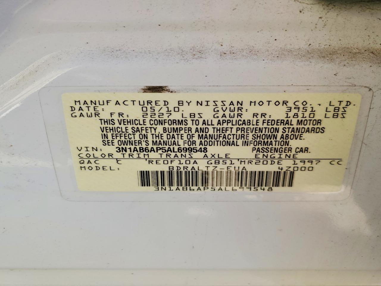 2010 Nissan Sentra 2.0 White vin: 3N1AB6AP5AL699548