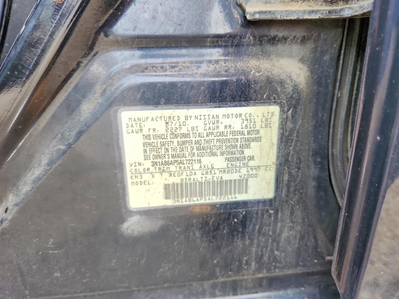 2010 Nissan Sentra 2.0 Черный vin: 3N1AB6AP5AL722116