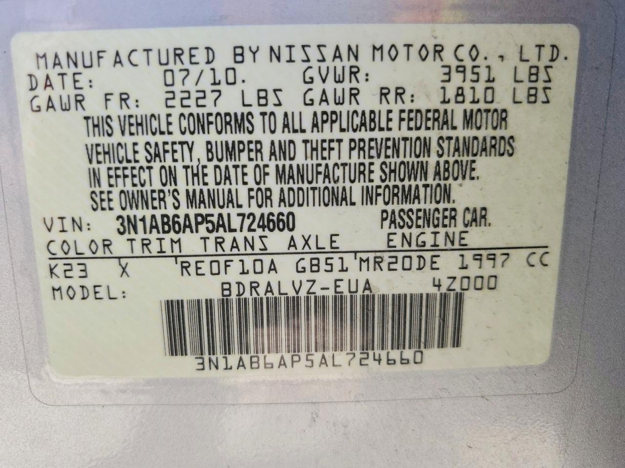 2010 Nissan Sentra 2.0 Silver vin: 3N1AB6AP5AL724660
