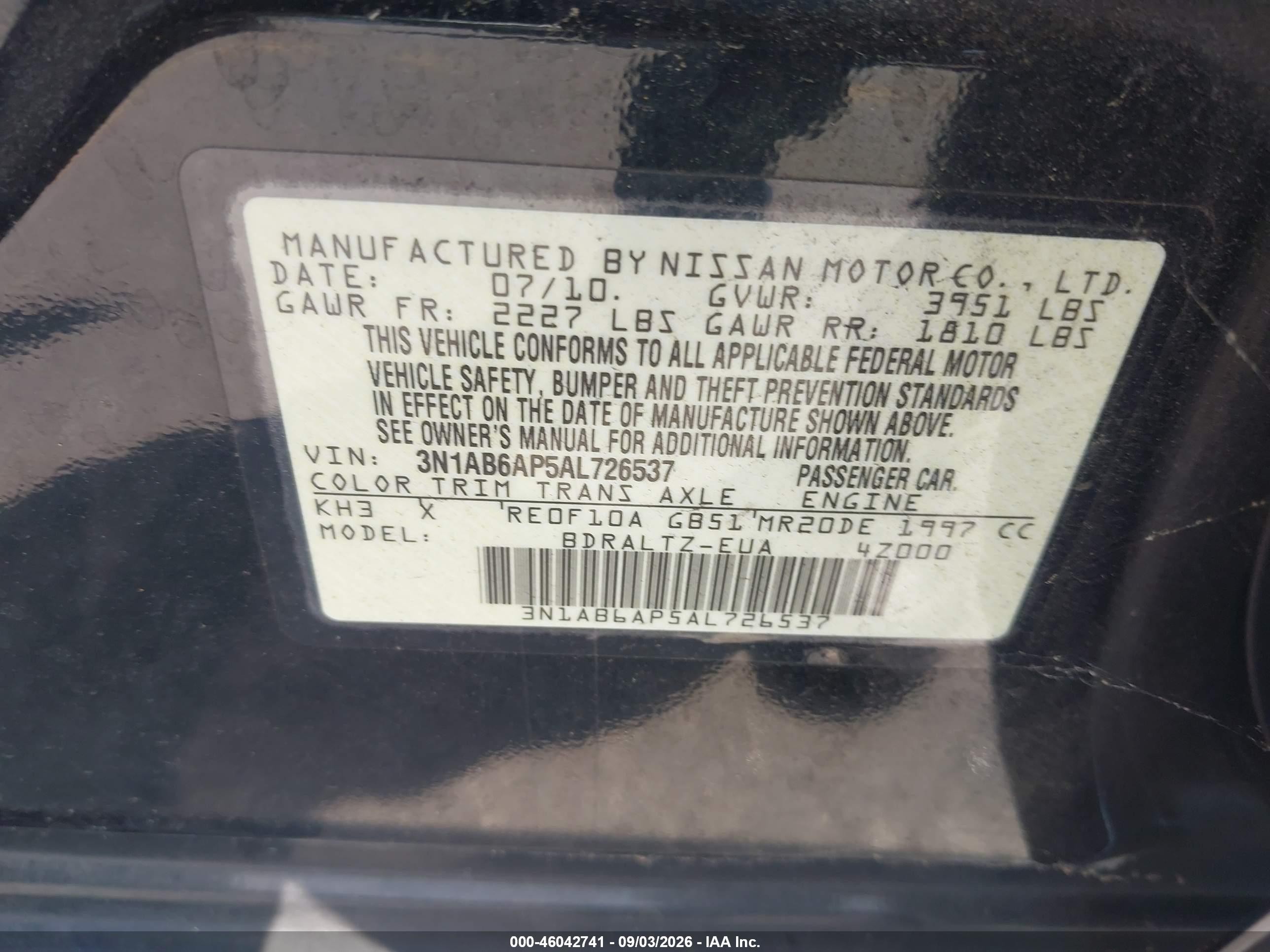 2010 Nissan Sentra 2.0sr Черный vin: 3N1AB6AP5AL726537