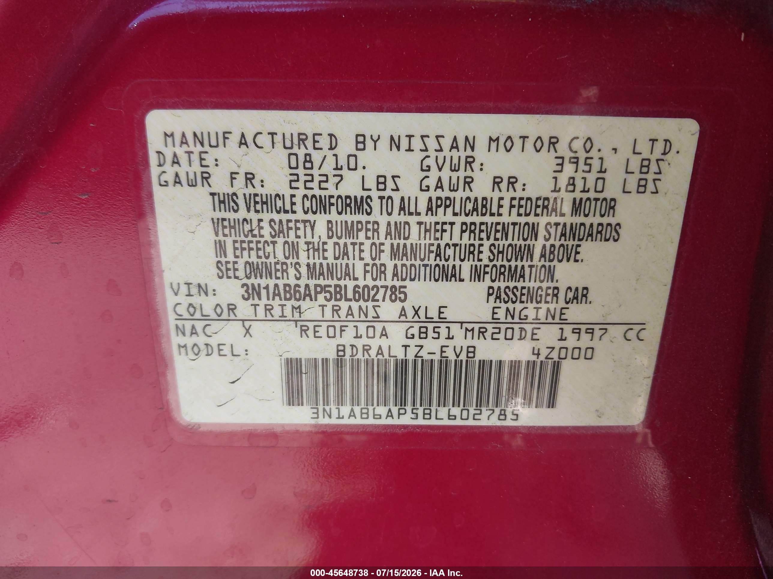 2011 Nissan Sentra 2.0s Red vin: 3N1AB6AP5BL602785