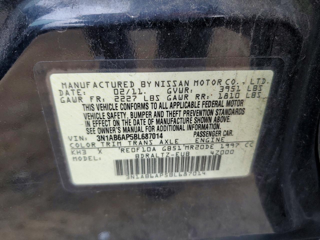 2011 Nissan Sentra 2.0 Черный vin: 3N1AB6AP5BL687014