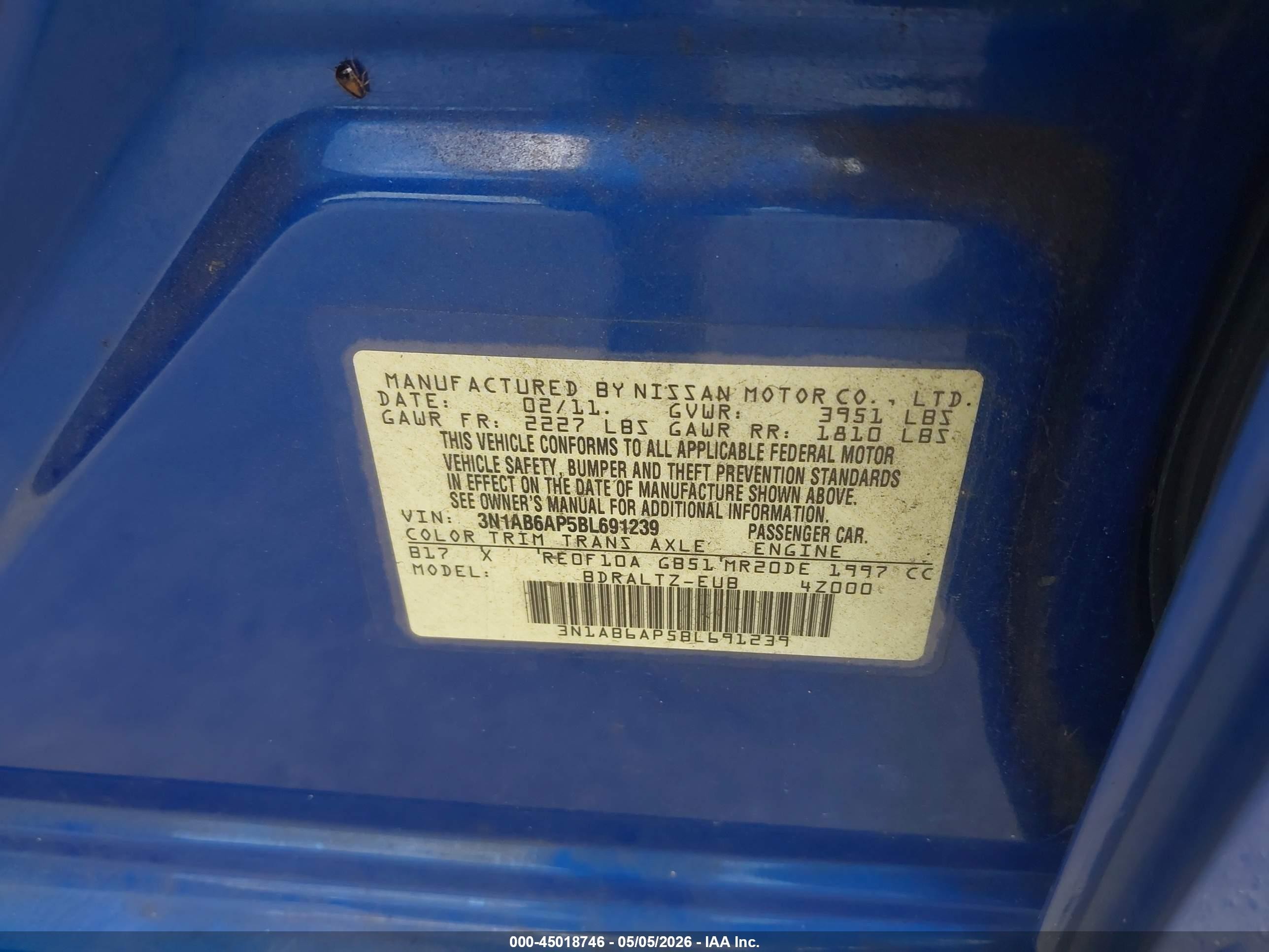 2011 Nissan Sentra 2.0sr Blue vin: 3N1AB6AP5BL691239